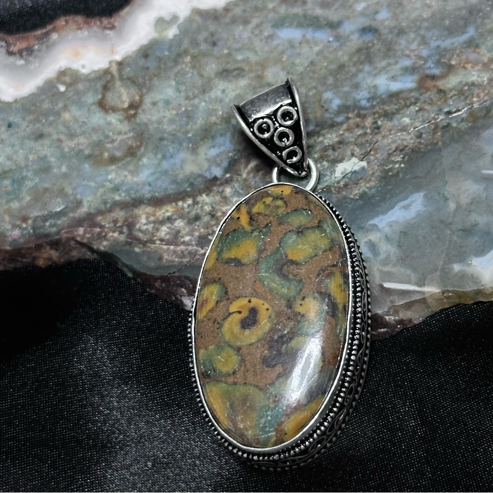 Artisan Handcrafted Jewelry Yellow and Green Fruit Jasper Oval Pendant